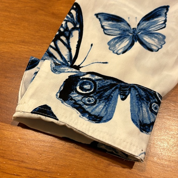 PAIGE BLOUSE TUNIC COLLAR 3/4 SLEEVE WHITE INDIGO BUTTERFLY SIDE FLAP SIZE PM - Picture 5 of 8